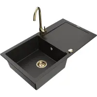 Mexen Leo granieten spoelbak met 1 bak, afdruiprek en Telma keukenmengkraan, zwart/gouden metallic - 6501-75-670200-50