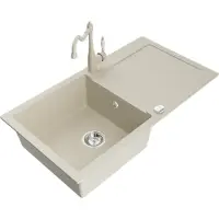 Mexen Leo granieten spoelbak met 1 bak, afdruiprek en keukenkraan Carla, beige - 6501-69-670700-69