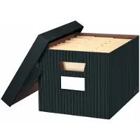 BANKERS BOX 4 Pack STOR/File Decorative Medium-Duty File Storage Boxes FastFold Lift-Off Lid Letter/Legal Black/Gray Pinstripe