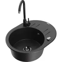 Mexen Kevin granieten spoelbak 1-komerig met afdruiprek en keukenkraan Telma, zwart/zilver metallic - 6517-73-670200-70-B