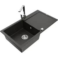 Mexen Leo granieten spoelbak 1-komor met afdruiprek en keukenkraan Rita, zwart/goud metallic - 6501-75-670300-00