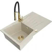 Mexen Cesar granieten gootsteen met 1 bak en afdruiprek en keukenmengkraan Aster, beige - 6514-69-73450-57-G