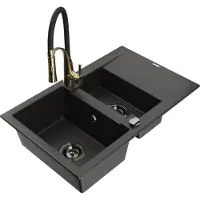 Mexen Gaspar granieten gootsteen 1,5-komor met afdruiprek en keukenkraan Aster, zwart/goud metallic - 6507-75-73450-57-B