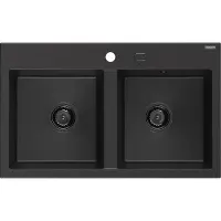 Mexen Hektor granieten gootsteen, 2-kamerig, 800 x 480 , zwart/zilver metallic, zwarte sifon - 6521802000-73-B