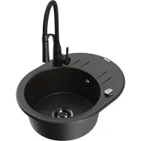 Mexen Kevin granieten spoelbak met 1 bak, afdruiprek en Aster keukenkraan, zwart/gouden metallic - 6517-75-73450-70-B
