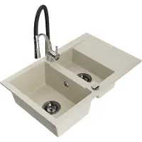 Mexen Gaspar granieten gootsteen 1,5-komor met afdruiprek en keukenkraan Aster, beige - 6507-69-73450-07-B