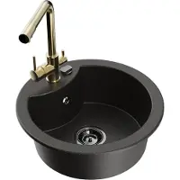 Mexen Diego granieten spoelbak 1-kompartment met keukenkraan Duero, zwart/goud metallic - 6512-75-671600-50-B