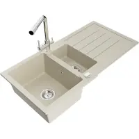 Mexen Andres granieten spoelbak 1,5-kamer met afdruiprek en keukenmengkraan Duero, beige - 6515-69-671600-00