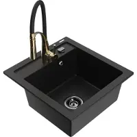 Mexen Vito granieten spoelbak met 1 compartiment en Aster keukenkraan, zwart - 6503-77-73450-57-B