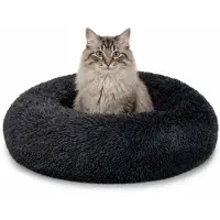 Lionto Donut-bed voor katten, rond met pluche bekleding en antislipbodem, verhoogde rand voor een veilig gevoel, 50 cm diameter, donkergrijs
