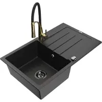 Mexen Bruno granieten spoelbak 1-kompartiment met afdruiprek en Astér keukenkraan, zwart/zilveren metallic - 6513-73-73450-57-B