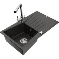 Mexen Cesar granieten gootsteen met 1 bak met afdruiprek en keukenmengkraan Duero, zwart/goud metallic - 6514-75-671600-00