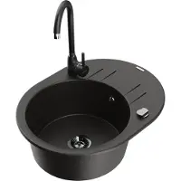 Mexen Kevin granieten gootsteen 1-koerig met afdruiprek en keukenkraan Telma, zwart/goud metallic - 6517-75-670200-70-B