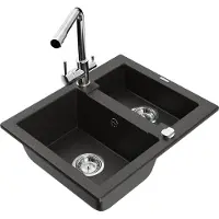 Mexen Carlos granieten gootsteen 1,5-kamer met keukenmengkraan Duero, zwart/gouden metallic - 6518-75-671600-00