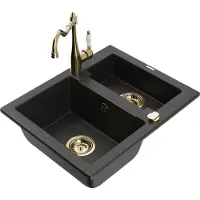 Mexen Carlos granieten spoelbak 1,5 kamer met keukenmengkraan Carla, zwart/gouden metallic - 6518-75-670700-50