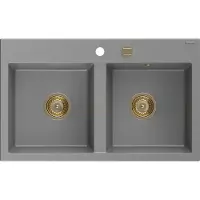 Mexen Hektor granieten spoelbak 2-kamer 800 x 480 , grijs, gouden sifon - 6521802000-71-G