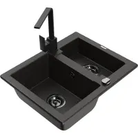 Mexen Carlos granieten gootsteen 1,5-kamer met keukenkraan Rita, zwart/gouden metallic - 6518-75-670300-70-B