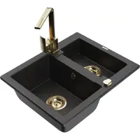 Mexen Carlos granieten gootsteen 1,5-compartiment met keukenmengkraan Rita, zwart/zilver metallic - 6518-73-670300-50