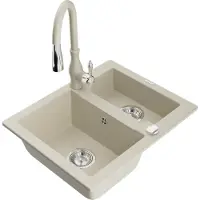 Mexen Carlos granieten gootsteen 1,5-kamer met keukenmengkraan Savita, beige - 6518-69-672601-69