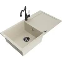 Mexen Leo granieten spoelbak 1-kompartement met afdruiprek en keukenkraan Carla, beige - 6501-69-670700-70