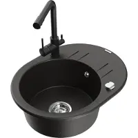 Mexen Kevin granieten gootsteen 1-komorige met afdruiprek en keukenmengkraan Duero, zwart/goud metallic - 6517-75-671600-70