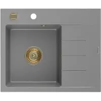 Mexen Ben granit gootsteen met 1 bak en afdruiprek, links 600 x 500 , grijs, gouden sifon - 6522605000-71-G