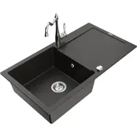 Mexen Leo granieten spoelbak 1-kompartyment met afdruiprek en keukenkraan Carla, zwart/goud metallic - 6501-75-670700-00