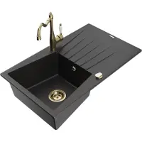 Mexen Cesar granieten spoelbak 1-komp met afdruiprek en keukenkraan Carla, zwart/zilveren metallic - 6514-73-670700-50