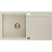 Mexen Leo granieten spoelbak 1-komors met afdruiprek 900 x 500 , beige, gouden sifon - 6501901010-69-G