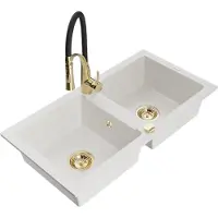 Mexen Mario granieten gootsteen 2-kamer met keukenmengkraan Aster, wit - 6504-20-73450-57-G