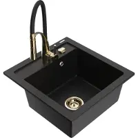 Mexen Vito granieten spoelbak met 1 kom en Aster keukenkraan, zwart - 6503-77-73450-57-G