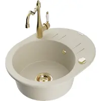 Mexen Kevin granieten spoelbak 1-kamer met afdruiprek en keukenkraan Carla, beige - 6517-69-670700-50