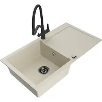 Mexen Leo granieten spoelbak met 1 bak, afdruipplaat en keukenmengkraan Duo, beige - 6501-69-671701-70-B