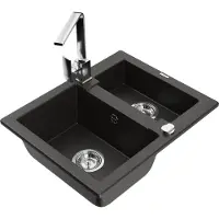 Mexen Carlos granieten spoelbak 1,5-kamer met keukenmengkraan Rita, zwart/goud metallic - 6518-75-670300-00