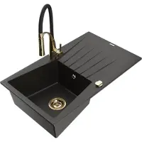 Mexen Cesar granieten gootsteen 1-komorige met druiprek en keukenmengkraan Aster, zwart/goud metallic - 6514-75-73450-57-G