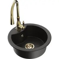 Mexen Diego granieten gootsteen 1-komors met keukenmengkraan Savita, zwart/goud metallic - 6512-75-672601-50