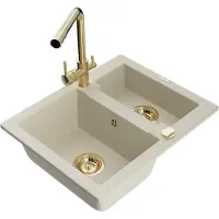 Mexen Carlos granieten gootsteen 1,5-komoren met Duero keukenkraan, beige - 6518-69-671600-50