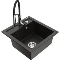 Mexen Vito granieten spoelbak met 1 bak en Aster keukenkraan, zwart/gouden metallic- 6503-75-73450-07