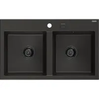 Mexen Hektor granieten spoelbak 2-compartimenten 800 x 480 , zwart/gouden metallic, zwarte sifon - 6521802000-75-B