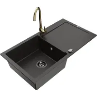 Mexen Leo granieten spoelbak 1-komorige met afdruiprek en keukenkraan Telma, zwart/goud metallic - 6501-75-670200-50-B