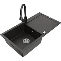 Mexen Leo granieten spoelbak met 1 spoelbak en afdruiprek en Elia keukenkraan, zwart/goud metallic - 6501-75-670101-70