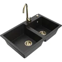 Mexen Tomas granieten gootsteen 2-kamer met keukenkraan Telma, zwart/zilver metallic - 6516-73-670200-50