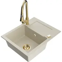 Mexen Enzo granieten spoelbak met 1 bak, afdruiprek en Elia keukenkraan, beige - 6506-69-670101-50