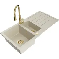 Mexen Andres granieten spoelbak 1,5-kompartiment met afdruiprek en keukenkraan Savita, beige - 6515-69-672601-50