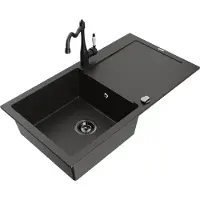 Mexen Leo granieten spoelbak met één bak en afdruiprek en keukenkraan Carla, zwart/goud metallic - 6501-75-670700-70-B