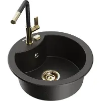 Mexen Diego granieten spoelbak met 1 bak en keukenkraan Flora, zwart/gouden metallic - 6512-75-670401-57-G