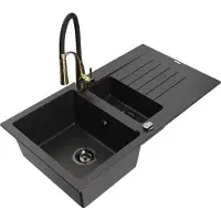 Mexen Matias granieten gootsteen 1,5-kamer met afdruiprek en keukenmengkraan Aster, zwart/zilver - 6502-73-73450-57-B