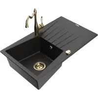 Mexen Cesar granieten spoelbak 1-komer met afdruiprek en keukenmengkraan Carla, zwart/goud metallic - 6514-75-670700-50