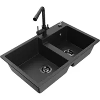 Mexen Tomas granieten spoelbak met 2 compartimenten en Duero keukenkraan, zwart/zilverkleurig metallic - 6516-73-671600-70-B