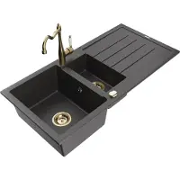 Mexen Andres granieten spoelbak 1,5-kamer met afdruiprek en keukenkraan Carla, zwart gespetterd - 6515-76-670700-50